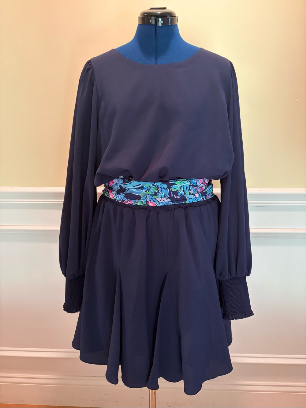 Lilly PulitzerWomen's Navy Long-Sleeve Fit & Flare Dress with Floral Waistband